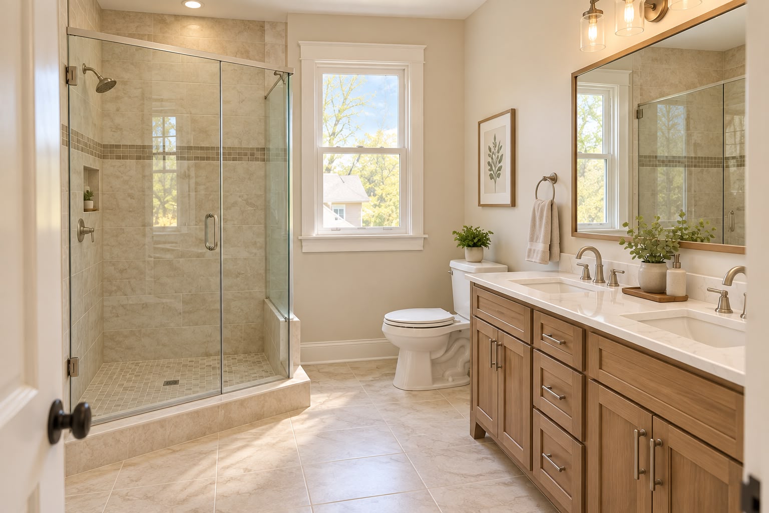 Bathroom Remodeling in Wellesley, MA — design visualization of a renovated bathroom with walk-in glass shower and double vanity