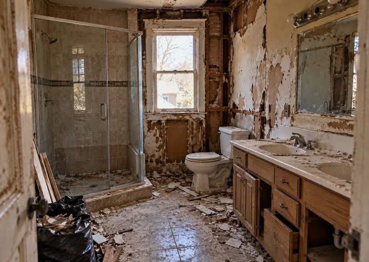 Bathroom remodeling in Wellesley, MA — before: bathroom gutted to the studs with moisture damage on the walls