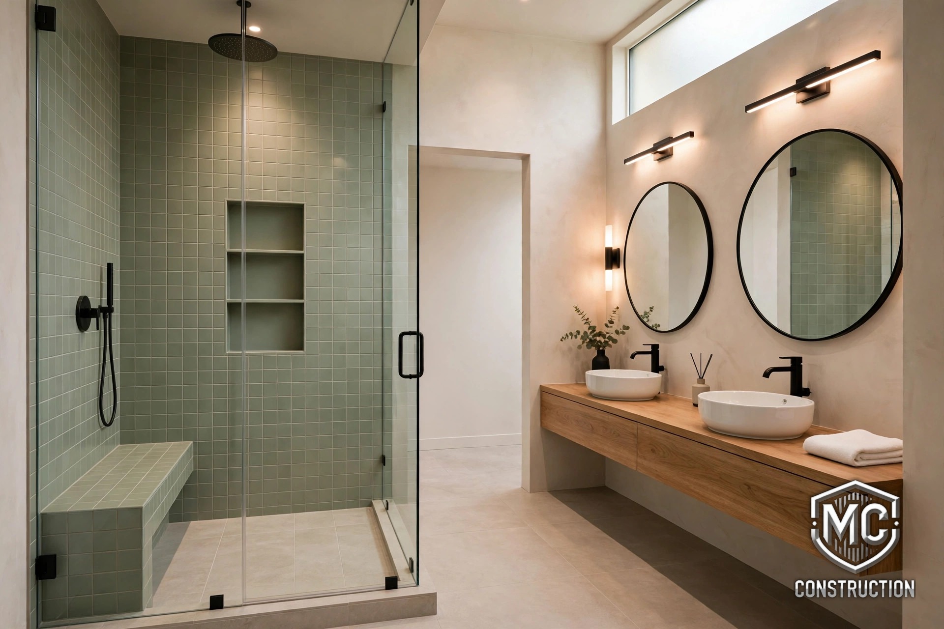 Bathroom Remodeling in Natick, MA &mdash; spa-like primary bathroom with walk-in shower, frameless glass and sage green tile