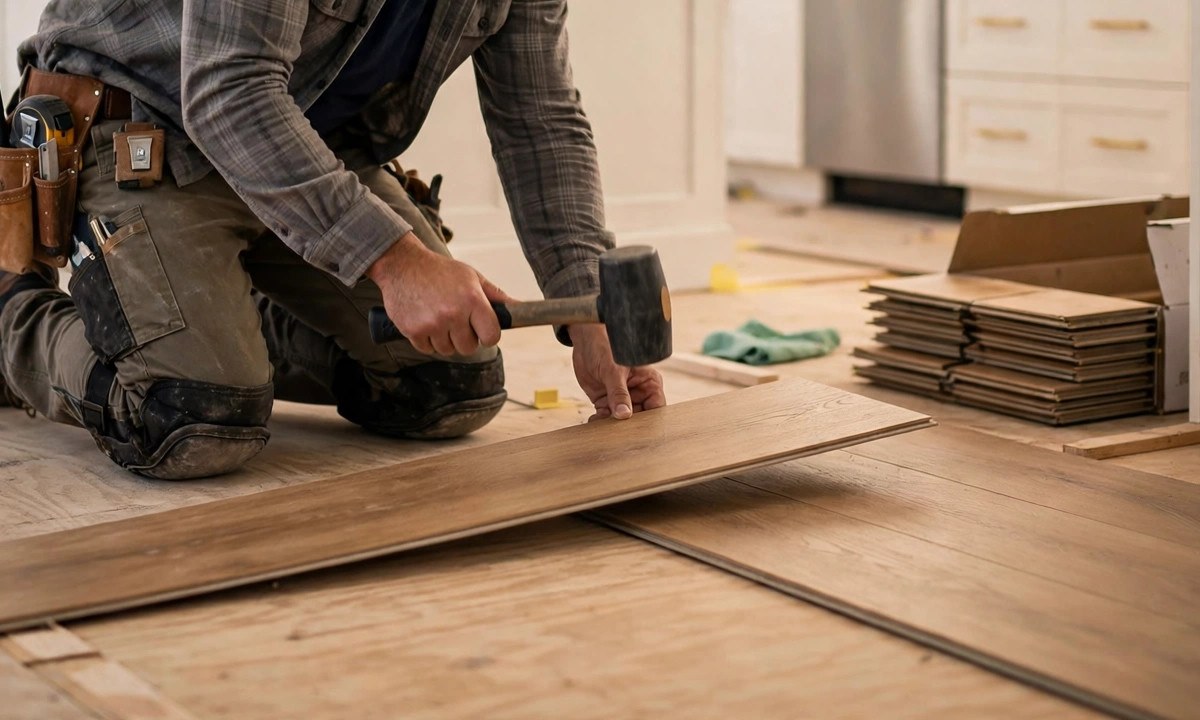 Close-up of wide-plank flooring being installed — the finish is only as good as the prep underneath