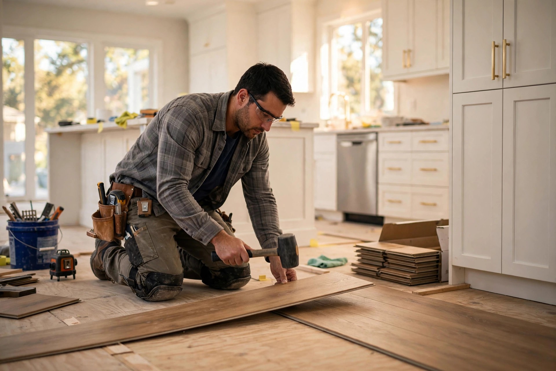 Flooring in Natick, MA — contractor installing wide-plank flooring during a kitchen renovation