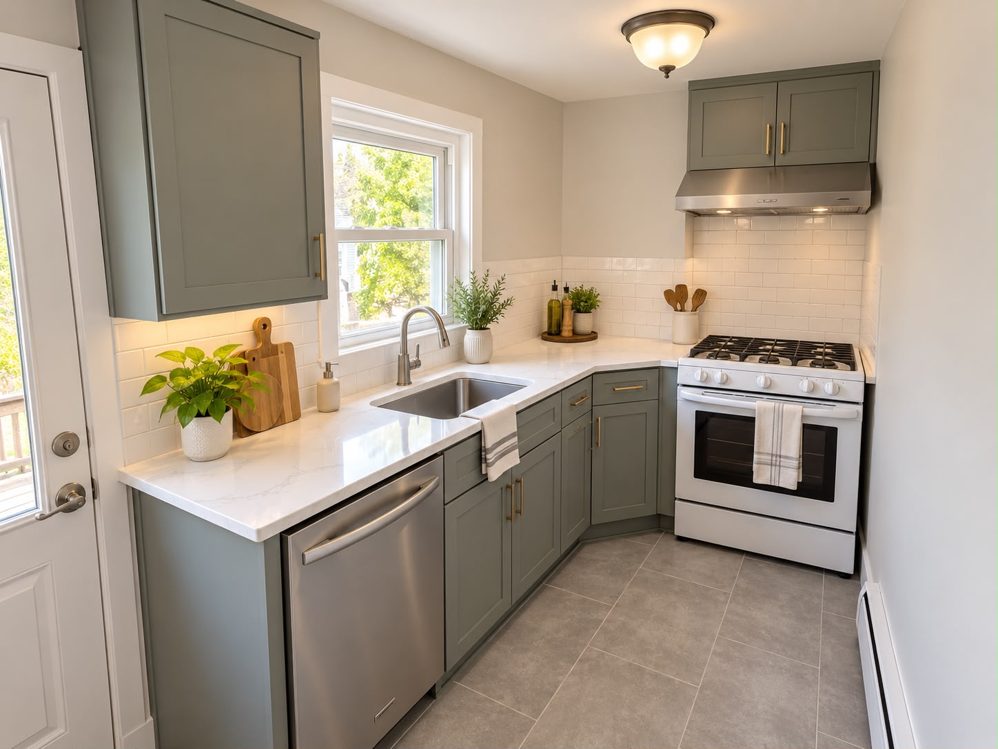 Kitchen Remodeling in Boylston, MA — renovated kitchen with sage green shaker cabinets, quartz counters and subway tile backsplash