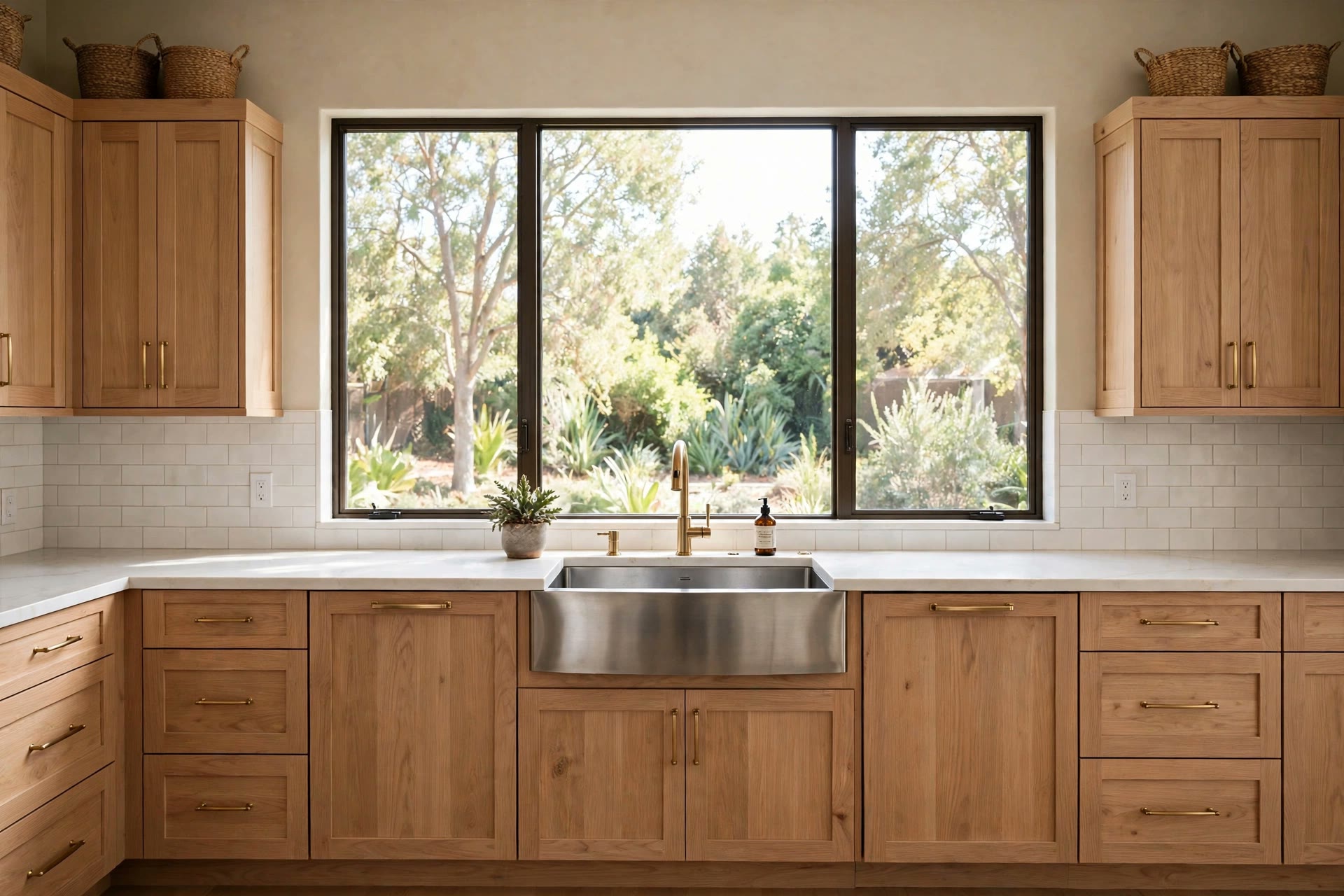 Farmhouse sink with brass faucet under large windows